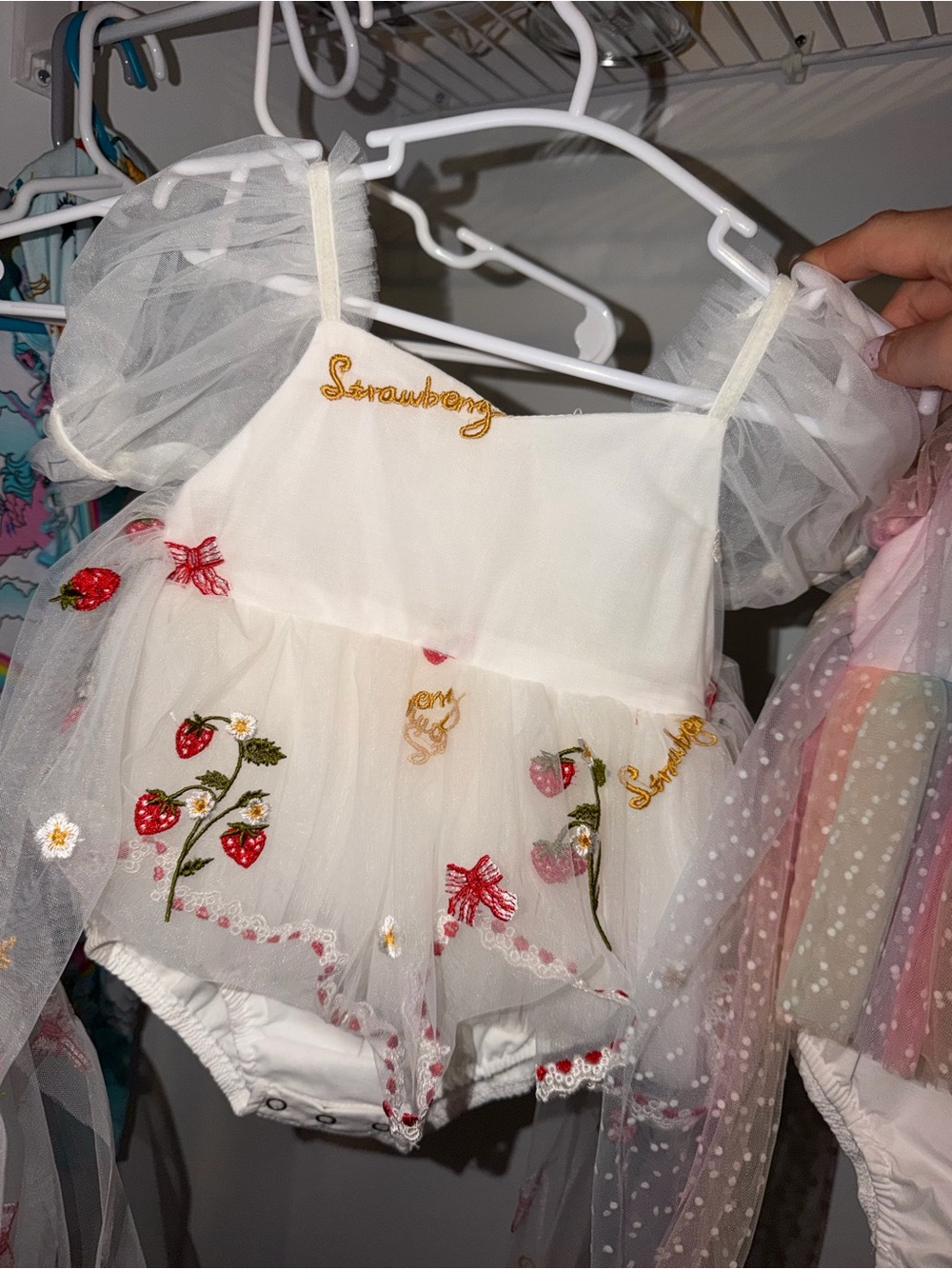 White Strawberry Embroidered Puff-Sleeve Formal Dress for Girls